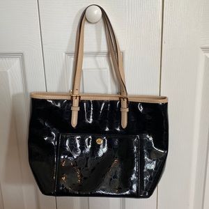 Patent Leather Michael Kors Bag with Tan Leather Straps.